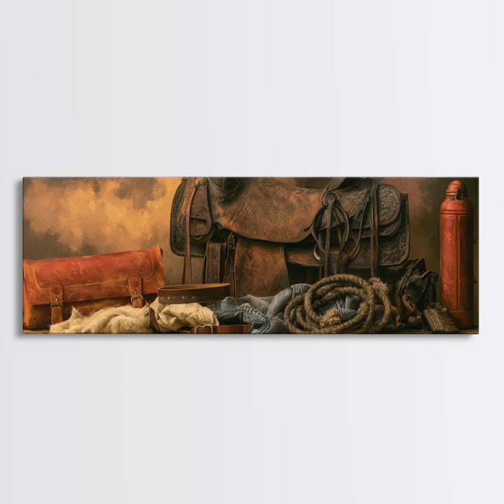 Stable Tools Arranged Like Old Master Still Framed Canvas Print, Equestrian Art, Large Wall Art, Living Room Decor, Equestrian, EQU-3x1-87