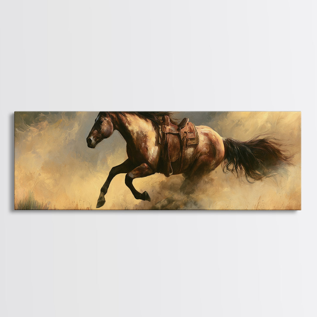 Galloping Horse in Golden Dust and Sunlight Canvas Print, Equestrian Art, Western Art, Living Room Decor, Equestrian, EQU-3x1-89