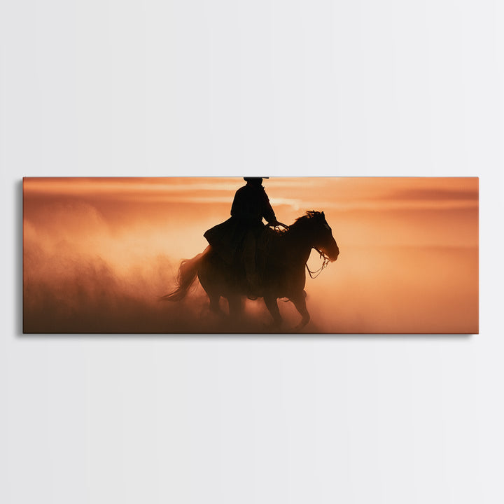 Equestrian Rider Silhouette at Sunrise Canvas Print, Equestrian Art, Room Decor, Living Room Decor, Fine Art, Equestrian, EQU-3x1-91