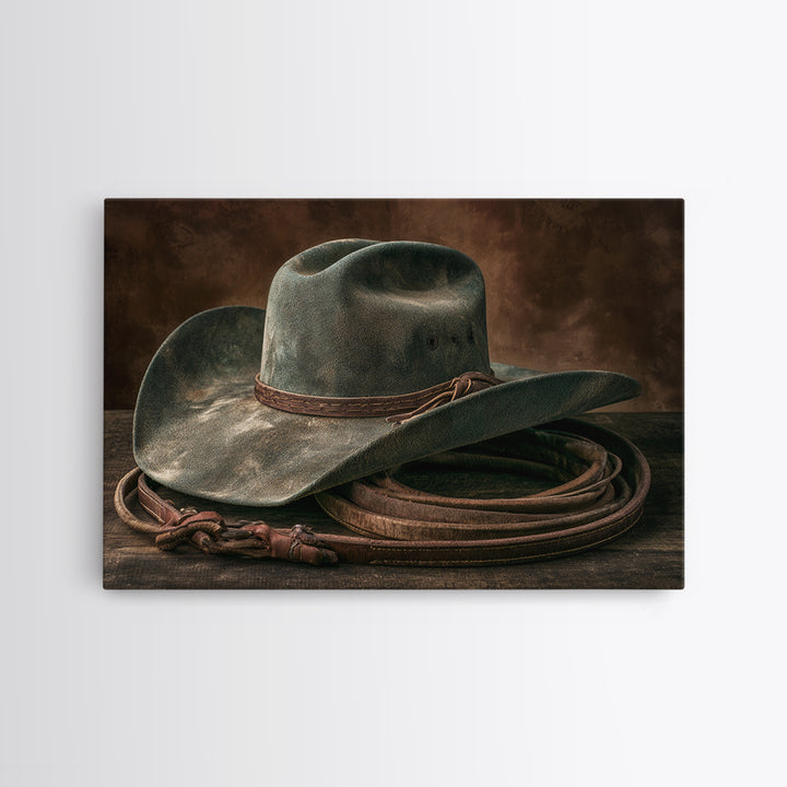 Cowgirl Hat and Reins Still Life Framed Canvas Print, Equestrian Art, Digital Print, Living Room Decor, Fine Art, Equestrian, EQU-3x2-15