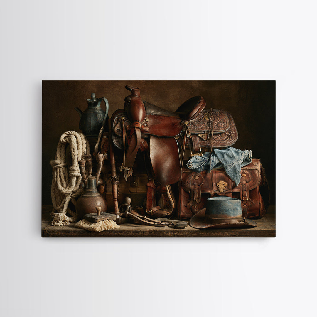 Stable Tools Arranged Like Old Master Still Canvas Print, Equestrian Art, Boho Wall Art, Living Room Decor, Equestrian, EQU-3x2-3