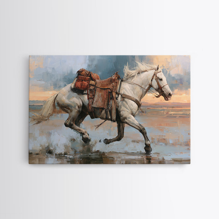 White Horse Running Through Shallow Water Canvas Print, Equestrian Art, Cabin Decor, Living Room Decor, Fine Art, Equestrian, EQU-3x2-33