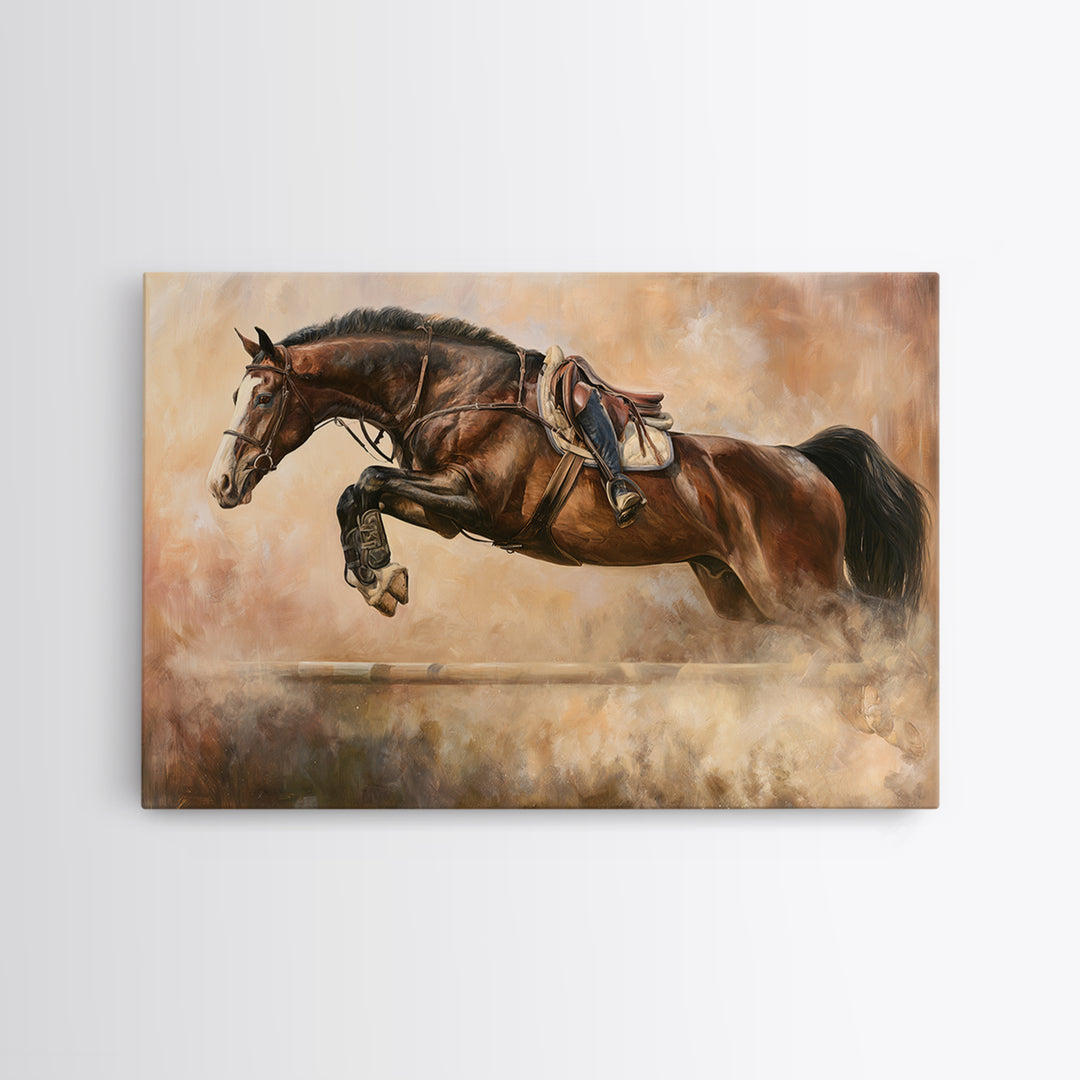 Show Jumping Horse Mid Leap Framed Canvas Print, Equestrian Art, Gallery Wall Art, Living Room Decor, Fine Art, Equestrian, EQU-3x2-35