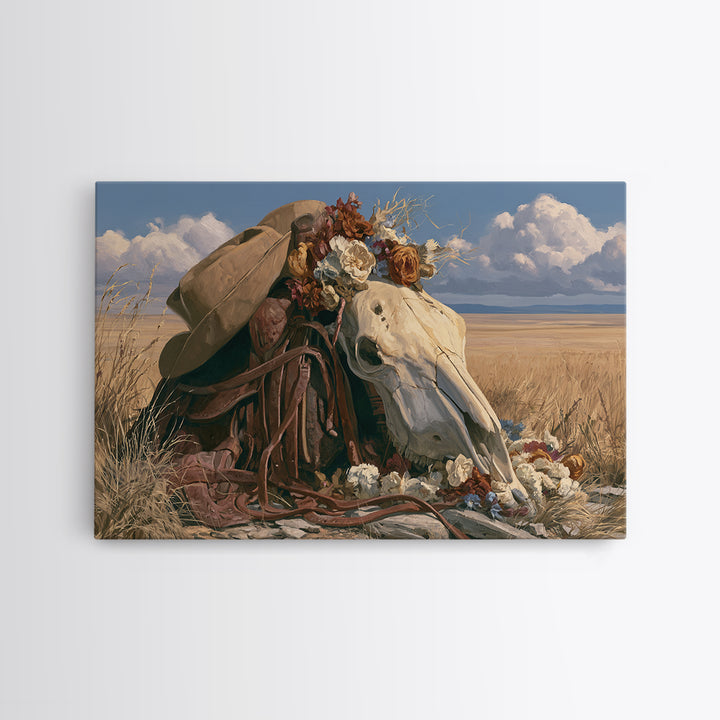 Horse Skull with Desert Flowers in Western Canvas Print, Equestrian Art, French Country Decor, Living Room Decor, Equestrian, EQU-3x2-49
