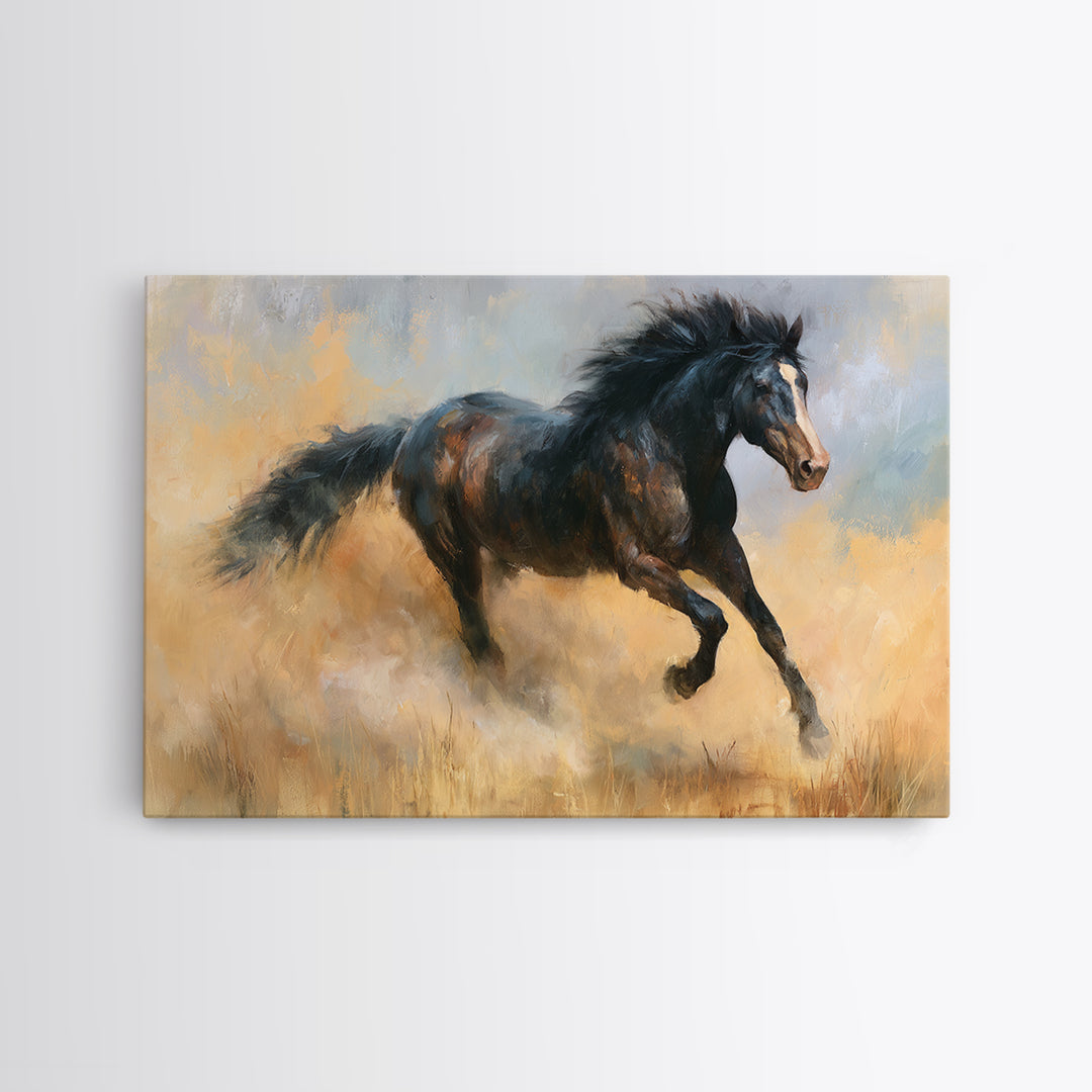 Galloping Horse in Golden Dust and Sunlight Canvas Print, Equestrian Art, Abstract Painting, Living Room Decor, Equestrian, EQU-3x2-5