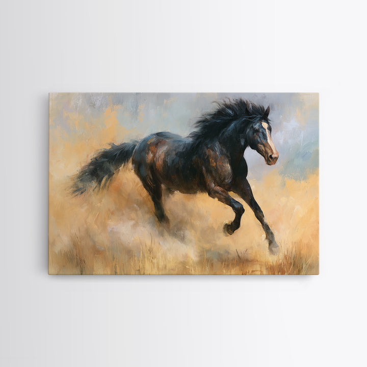 Galloping Horse in Golden Dust and Sunlight Canvas Print, Equestrian Art, Abstract Painting, Living Room Decor, Equestrian, EQU-3x2-5