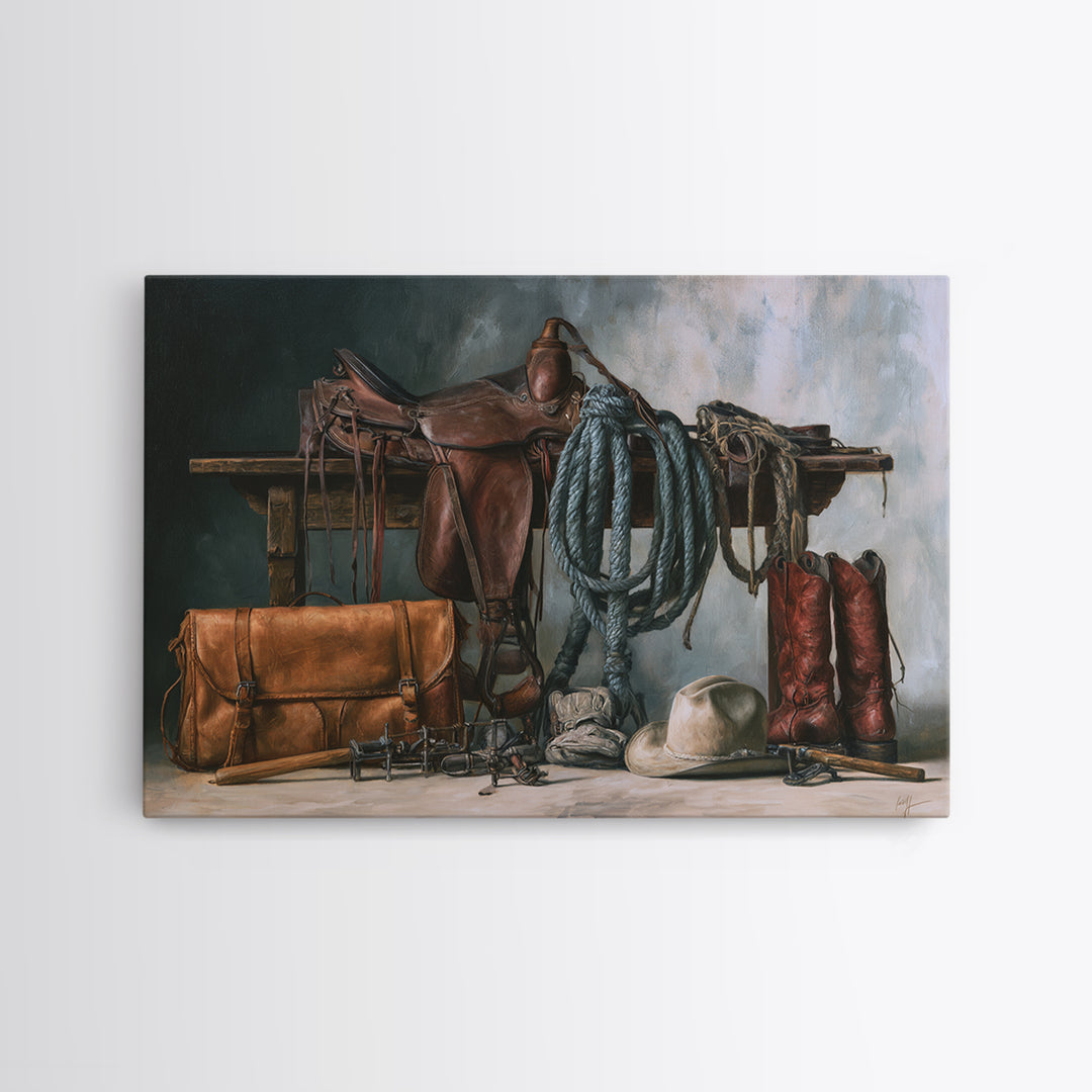 Stable Tools Arranged Like Old Master Still Canvas Print, Equestrian Art, Farmhouse Wall Art, Living Room Decor, Equestrian, EQU-3x2-51