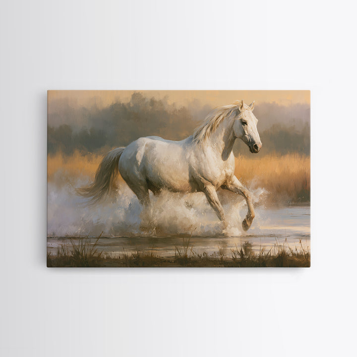White Horse Running Through Shallow Water Canvas Print, Equestrian Art, Cabin Decor, Living Room Decor, Fine Art, Equestrian, EQU-3x2-57