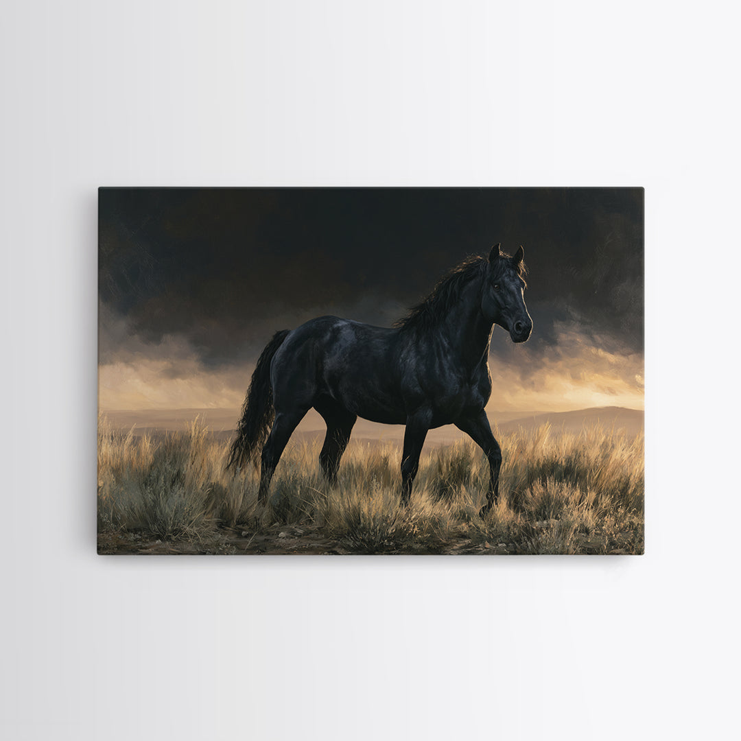 Black Horse Portrait on Deep Charcoal Background Canvas Print, Equestrian Art, Green Wall Art, Living Room Decor, Equestrian, EQU-3x2-78