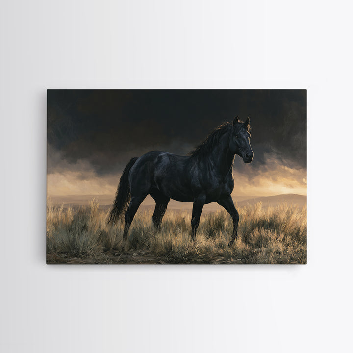 Black Horse Portrait on Deep Charcoal Background Canvas Print, Equestrian Art, Green Wall Art, Living Room Decor, Equestrian, EQU-3x2-78