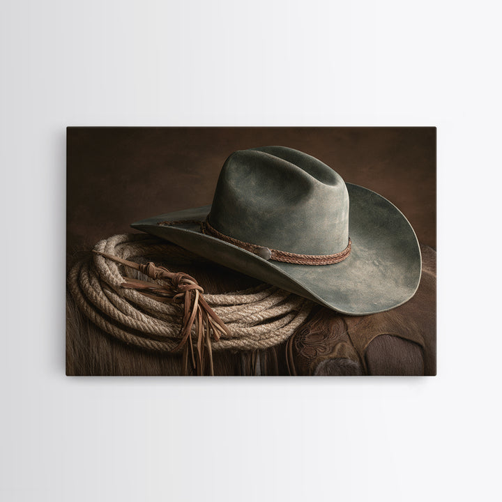 Cowgirl Hat and Reins Still Life Framed Canvas Print, Equestrian Art, Fine Art Print, Living Room Decor, Fine Art, Equestrian, EQU-3x2-87