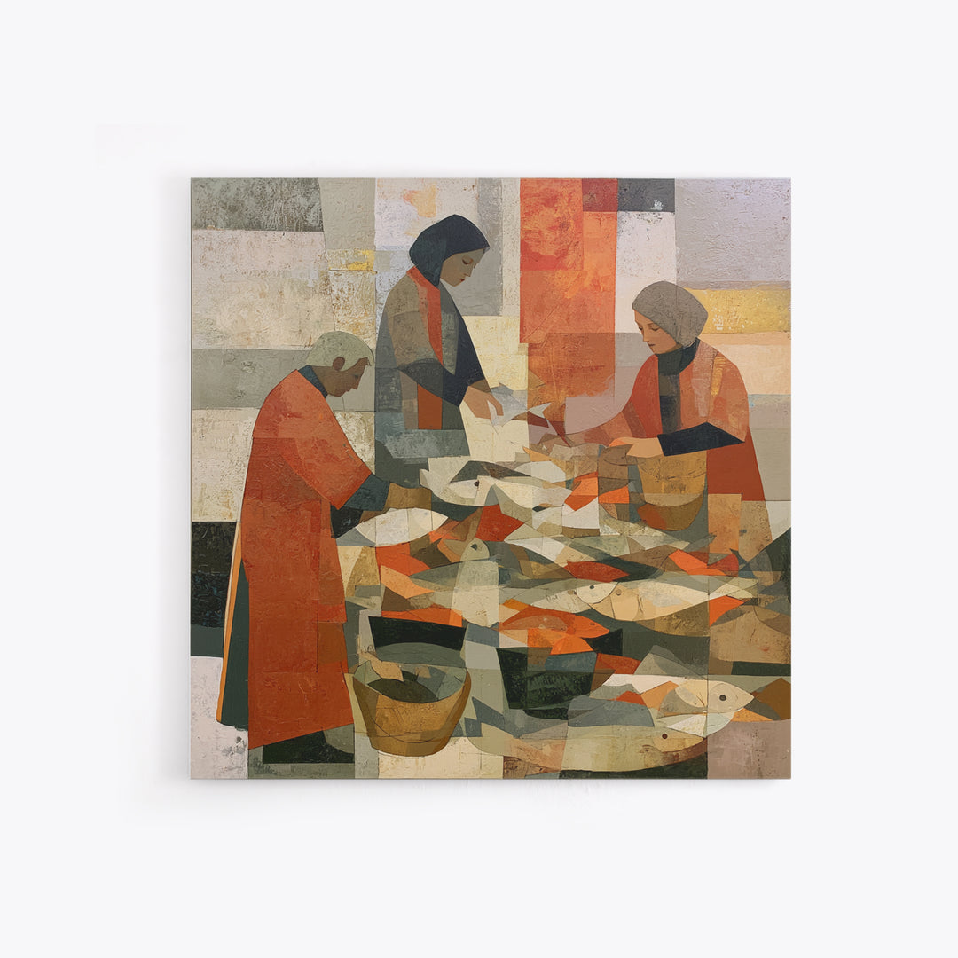 Fish Market Scene Framed Canvas Print, Expressionist Art, Minimalist Wall Art, Living Room Decor, Fine Art, Expression, EXP-1x1-46