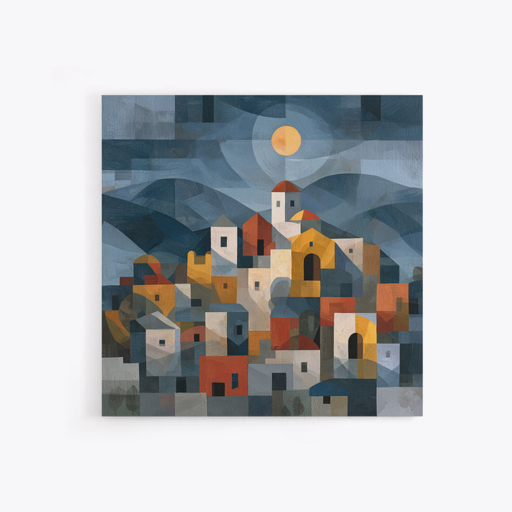 Moonlit Village with Swirling Unnatural Color Canvas Print, Expressionist Art, Unique Wall Art, Living Room Decor, Expression, EXP-1x1-60