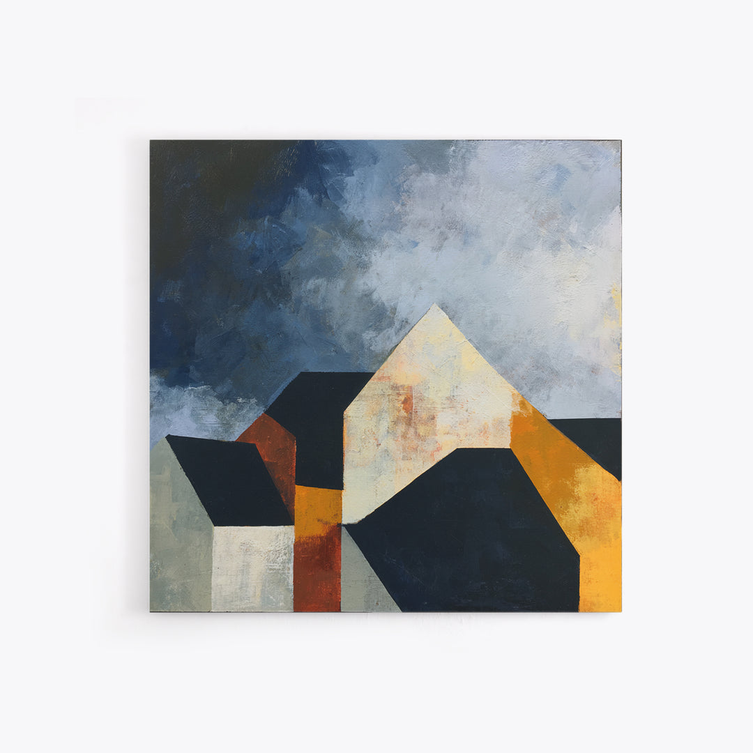 Storm Clouds Above Sharp Black Rooftops Framed Canvas Print, Expressionist Art, Neutral Decor, Living Room Decor, Expression, EXP-1x1-63