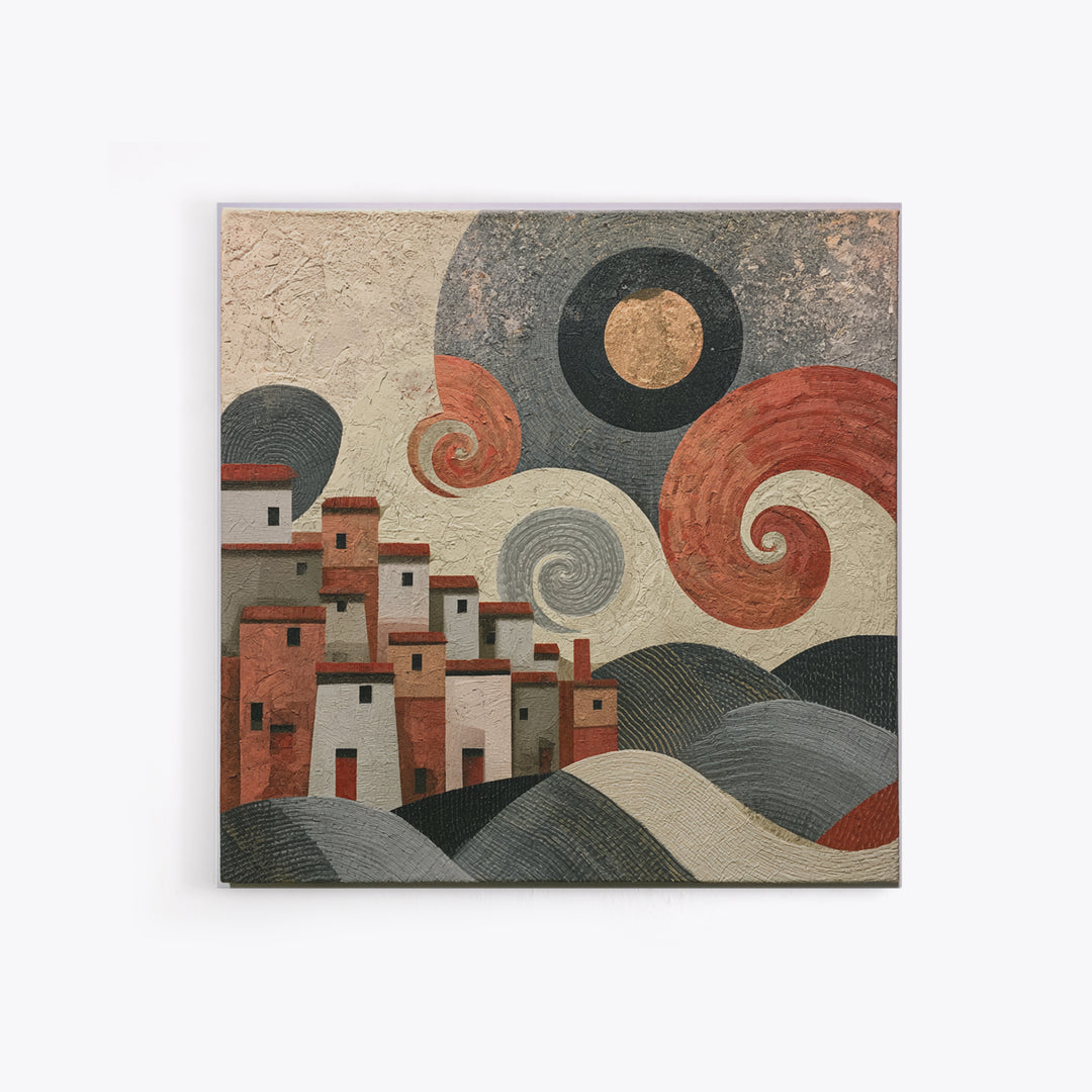 Moonlit Village with Swirling Unnatural Color Canvas Print, Expressionist Art, Moody Wall Art, Living Room Decor, Expression, EXP-1x1-84