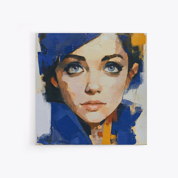 Woman in Blue with Dramatic Expressive Eyes Canvas Print, Expressionist Art, Minimalist Decor, Living Room Decor, Expression, EXP-1x1-88