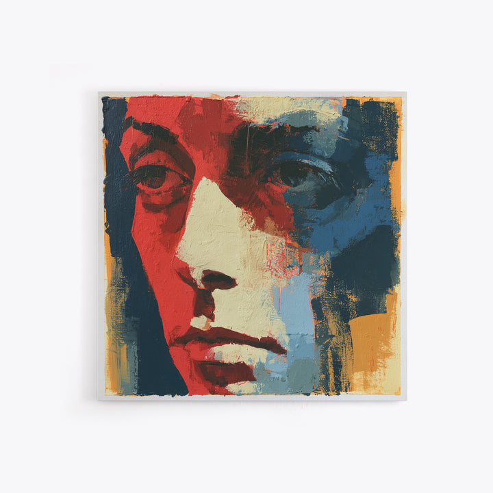 Emotional Portrait with Bold Red and Blue Canvas Print, Expressionist Art, Textured Painting, Living Room Decor, Expression, EXP-1x1-98