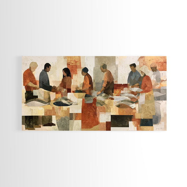 Fish Market Scene Framed Canvas Print, Expressionist Art, Room Decor, Living Room Decor, Abstract Art, Expression, EXP-2x1-18