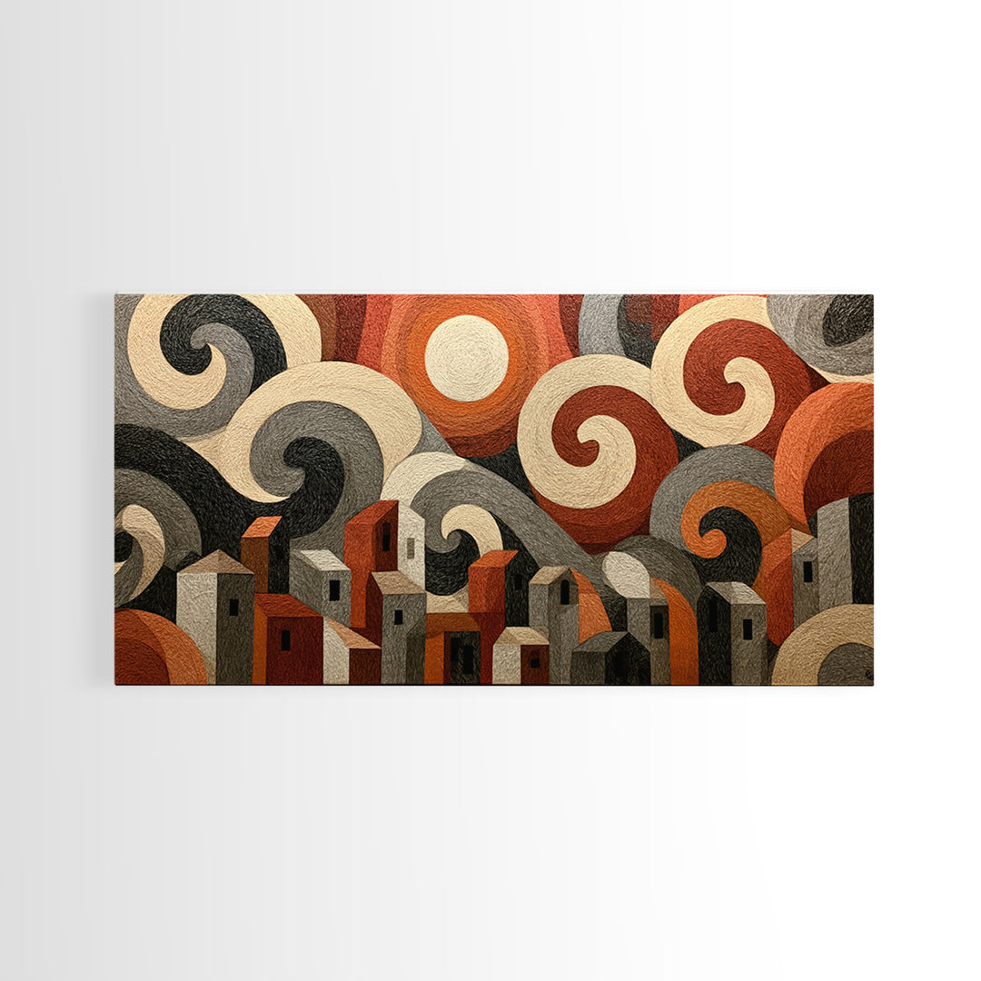 Moonlit Village with Swirling Unnatural Color Framed Canvas Print, Expressionist Art, Art Print, Living Room Decor, Expression, EXP-2x1-56