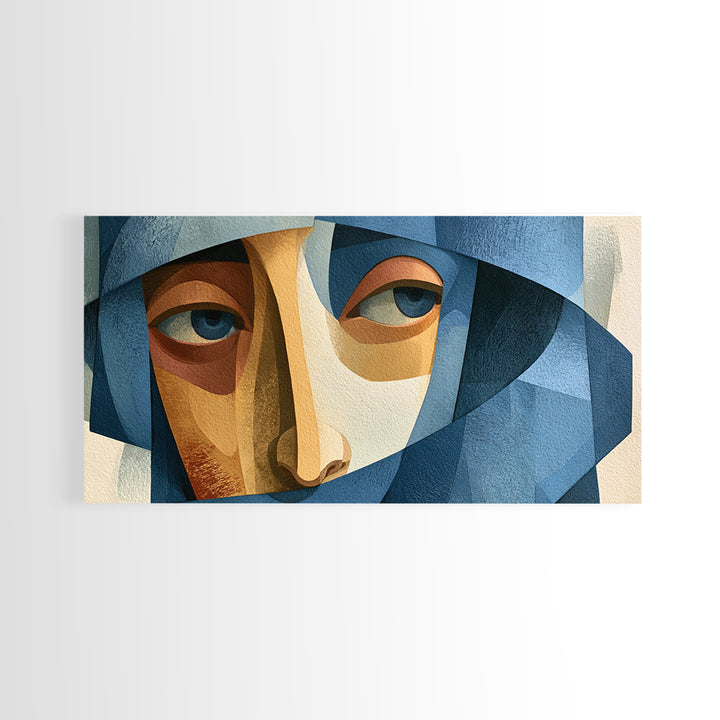 Woman in Blue with Dramatic Expressive Eyes Framed Canvas Print, Expressionist Art, Digital Art, Living Room Decor, Expression, EXP-2x1-60