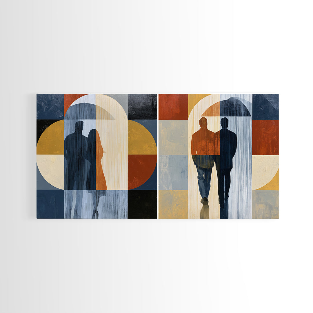 Couple Walking Through Rain Framed Canvas Print, Expressionist Art, Large Wall Art, Living Room Decor, Fine Art, Expression, EXP-2x1-91