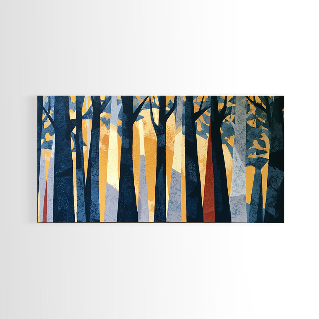 Dark Forest with Angular Trees and Yellow Canvas Print, Expressionist Art, Original Painting, Living Room Decor, Expression, EXP-2x1-98