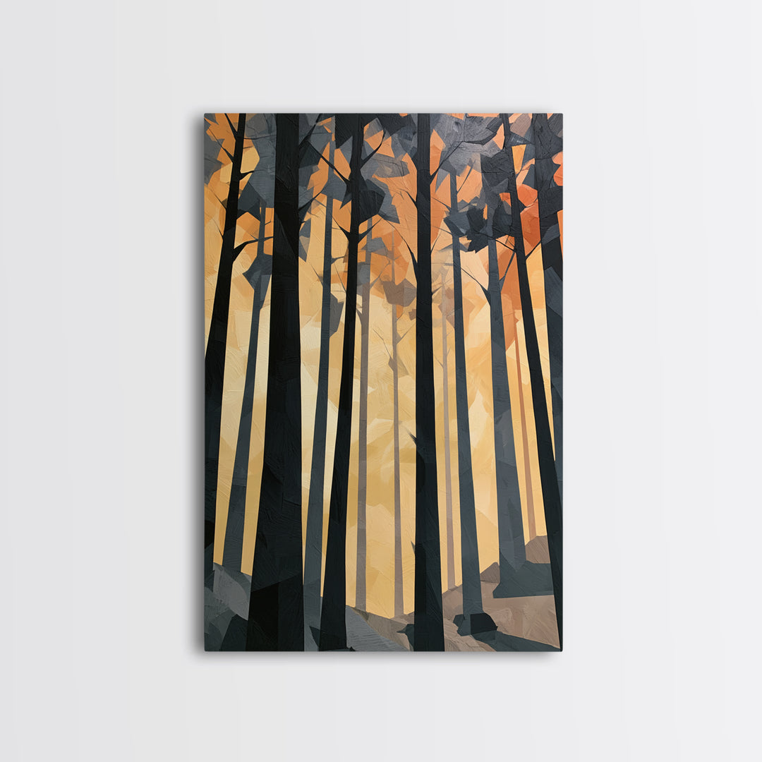 Dark Forest with Angular Trees and Yellow Canvas Print, Expressionist Art, Living Room Decor, Expression, Moody Wall Art, EXP-2x3-38