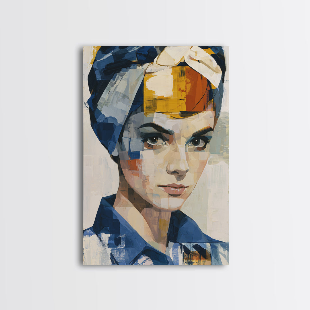 Woman in Blue with Dramatic Expressive Eyes Framed Canvas Print, Expressionist Art, Home Decor, Living Room Decor, Expression, EXP-2x3-48