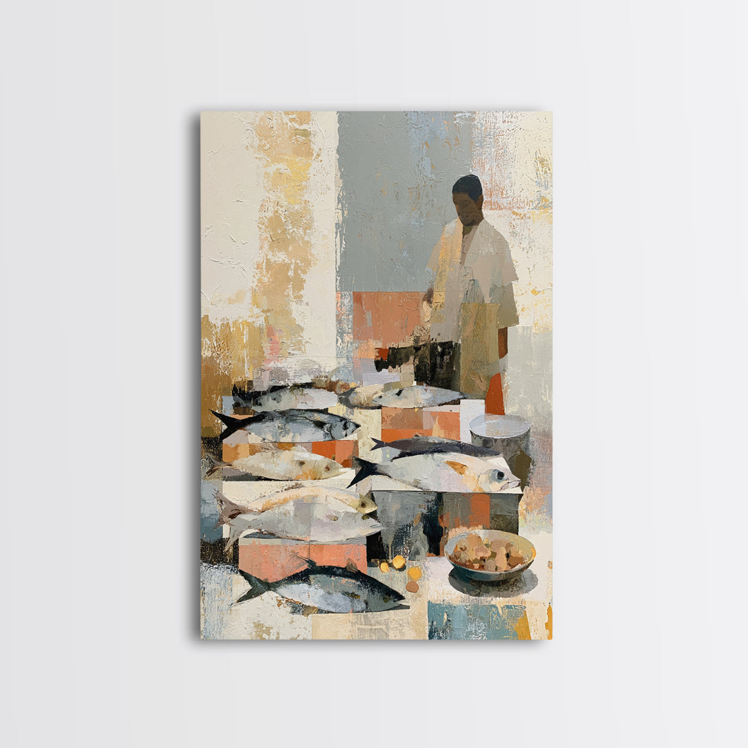 Fish Market Scene Framed Canvas Print, Expressionist Art, Minimalist Decor, Living Room Decor, Fine Art, Expression, EXP-2x3-6