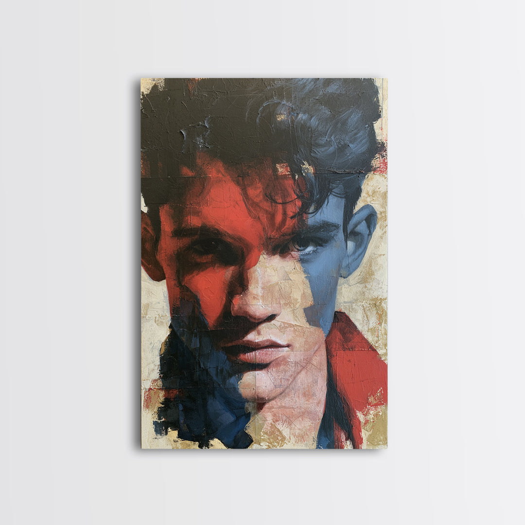 Emotional Portrait with Bold Red and Blue Canvas Print, Expressionist Art, Large Wall Art, Living Room Decor, Expression, EXP-2x3-82