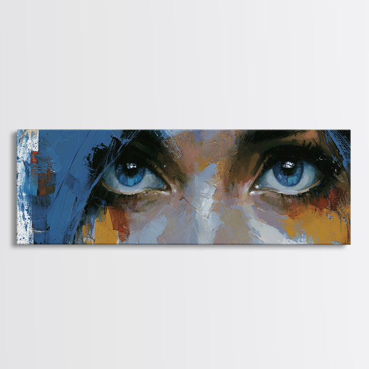 Woman in Blue with Dramatic Expressive Eyes Canvas Print, Expressionist Art, Colorful Wall Art, Living Room Decor, Expression, EXP-3x1-32