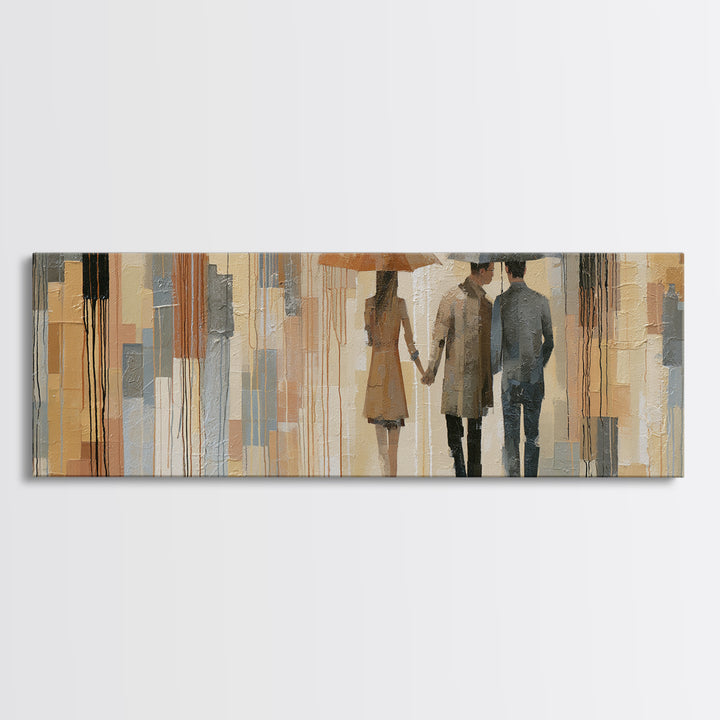 Couple Walking Through Rain Framed Canvas Print, Expressionist Art, Large Wall Art, Living Room Decor, Fine Art, Expression, EXP-3x1-87