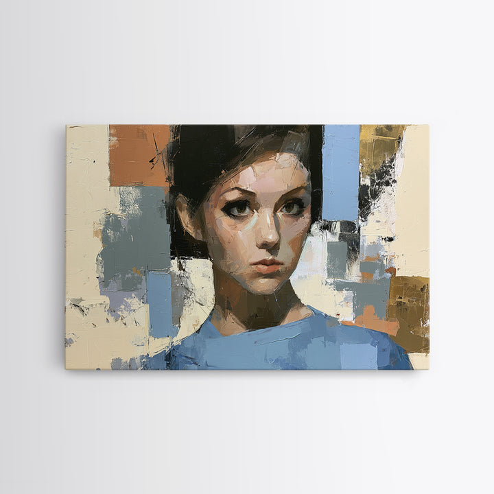 Woman in Blue with Dramatic Expressive Eyes Canvas Print, Expressionist Art, Colorful Wall Art, Living Room Decor, Expression, EXP-3x2-44