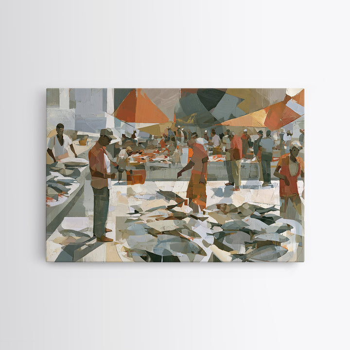 Fish Market Scene Framed Canvas Print, Expressionist Art, Modern Wall Art, Living Room Decor, Expression, Fine Art Print, EXP-3x2-50
