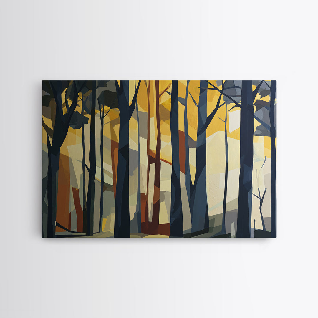 Dark Forest with Angular Trees and Yellow Canvas Print, Expressionist Art, Abstract Painting, Living Room Decor, Expression, EXP-3x2-58