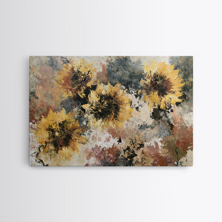 Sunflowers Twisting in Intense Painted Energy Canvas Print, Expressionist Art, Textured Painting, Living Room Decor, Expression, EXP-3x2-60