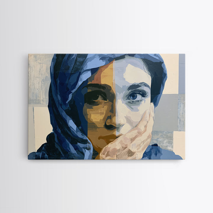 Woman in Blue with Dramatic Expressive Eyes Framed Canvas Print, Expressionist Art, Painting, Living Room Decor, Expression, EXP-3x2-92