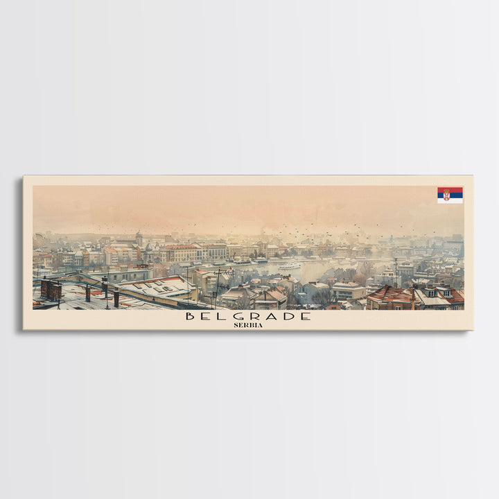 Belgrade Serbia Panoramic Travel Poster, Framed Canvas Print or Metal Wall Art, Travel Art, Home Decor, Panoramic Painting, Midcentury Art