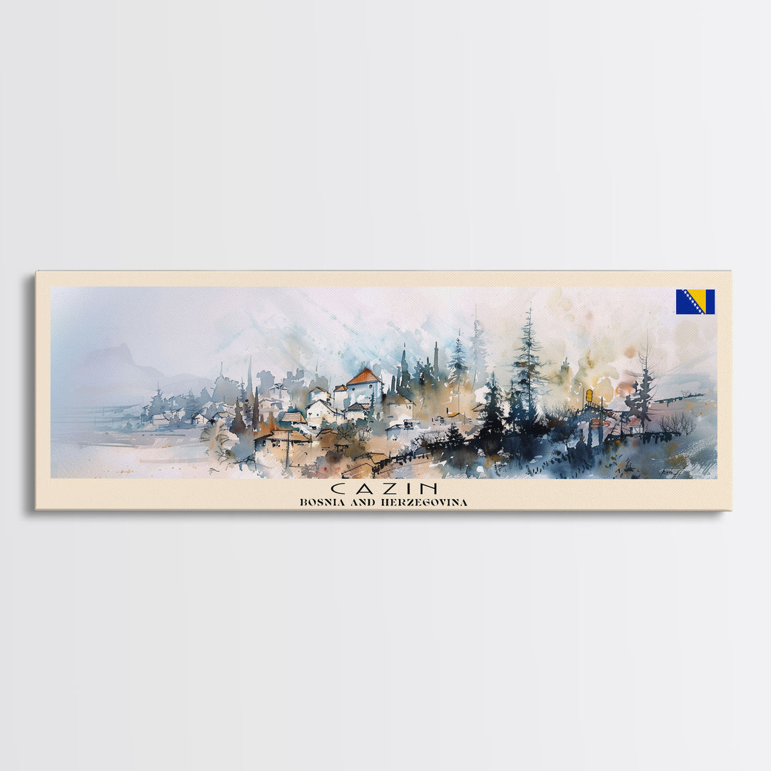 Cazin Bosnia Travel Art, City Art, Framed Canvas Print or Metal Wall Art, Europe Travel Poster, Panoramic Wall Art, Extra Wide Wall Art