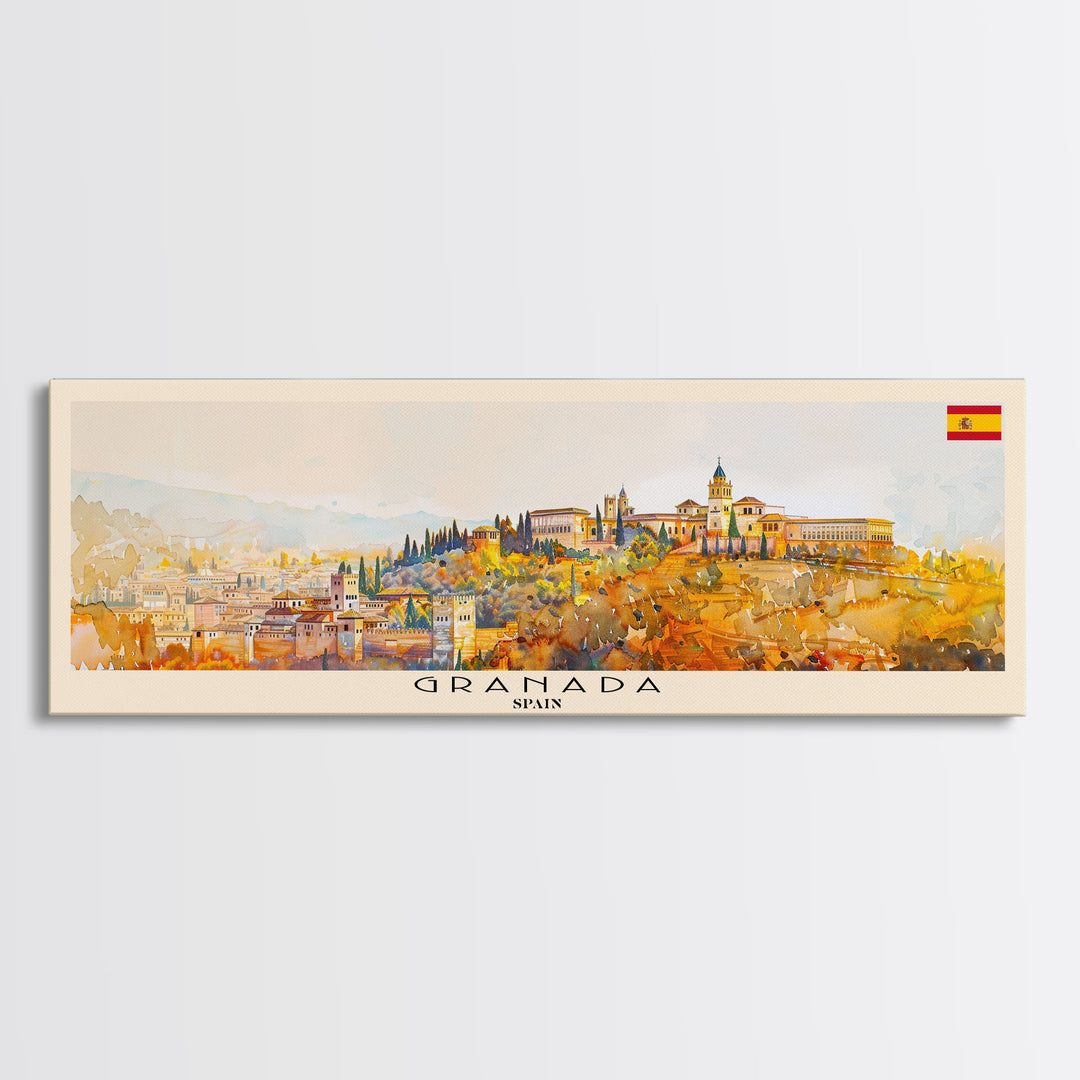Granada Spain Panoramic Travel Poster, Framed Canvas Print or Metal Wall Art, Travel Art, Home Decor, Panoramic Painting, Midcentury Art