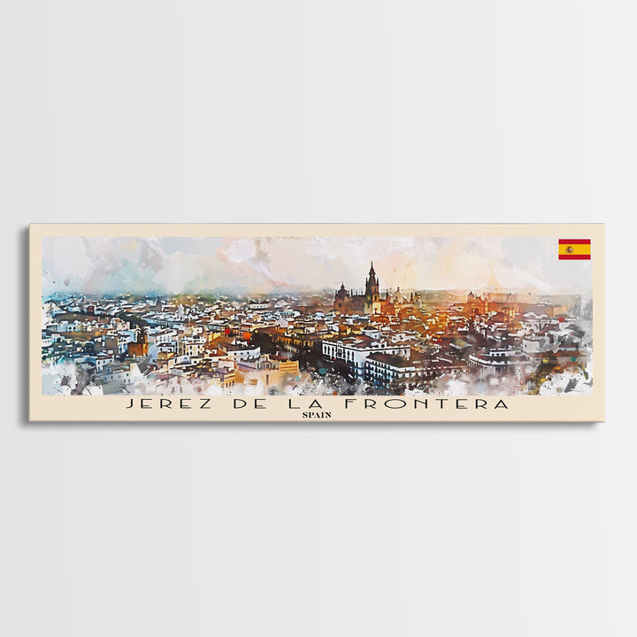 Jerez D eLa Frontera Spain Panoramic Travel Poster, Framed Canvas Print or Metal Wall Art, Travel Art, Home Decor, Panoramic Painting, Midcentury Art