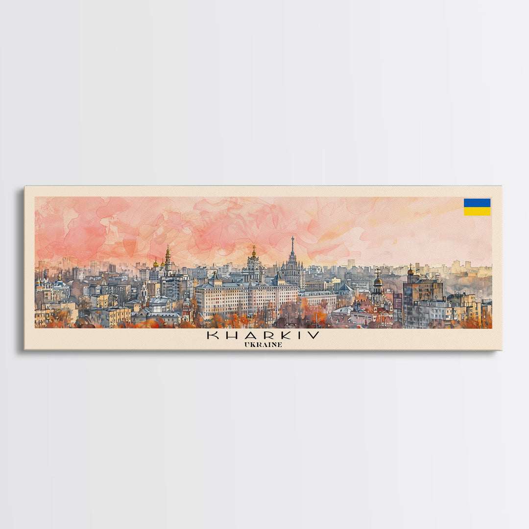 Kharkiv Ukraine Panoramic Travel Poster, Framed Canvas Print or Metal Wall Art, Travel Art, Home Decor, Panoramic Painting, Midcentury Art