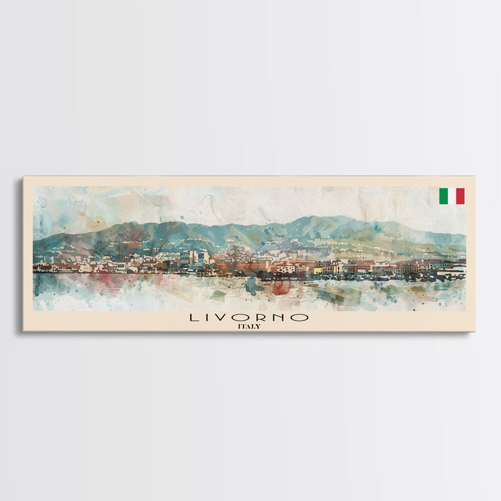 Livorno Italy Panoramic Travel Poster, Framed Canvas Print or Metal Wall Art, Travel Art, Home Decor, Panoramic Painting, Midcentury Art