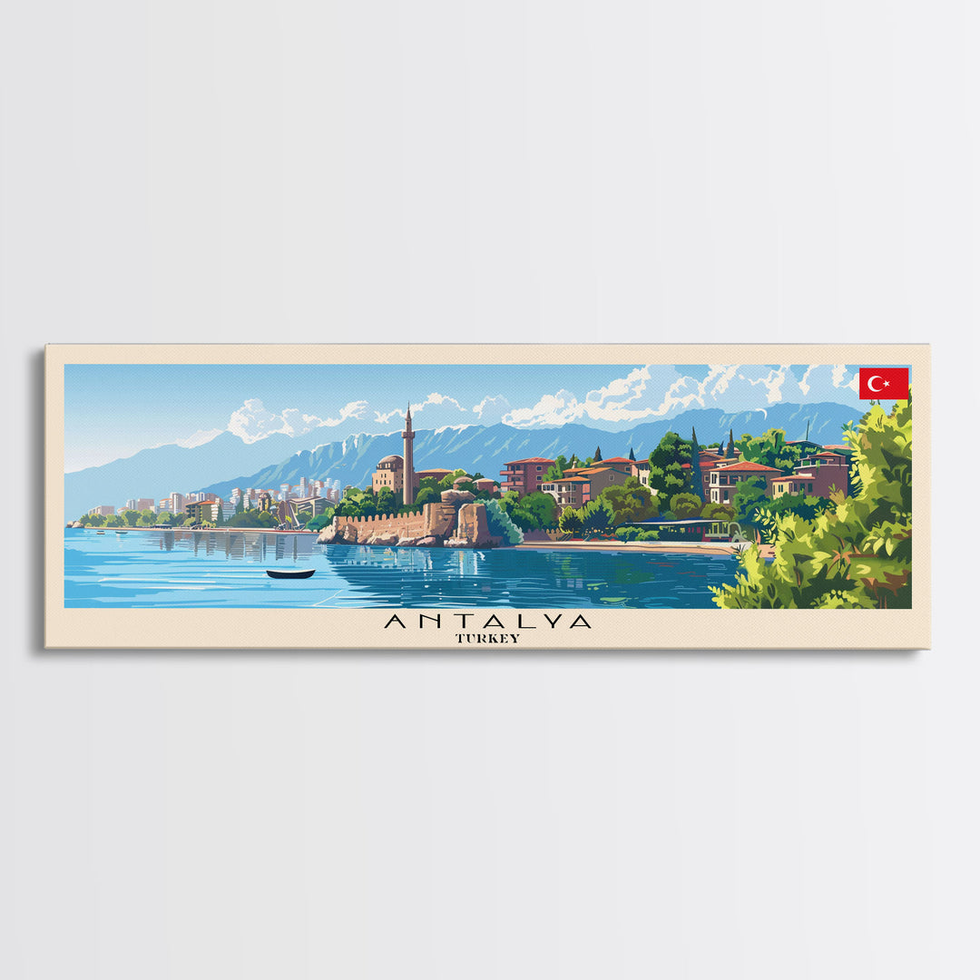 Antalya Turkey Panoramic Travel Poster, Framed Canvas Print or Metal Wall Art, Travel Art, Home Decor, Panoramic Painting, Midcentury Art