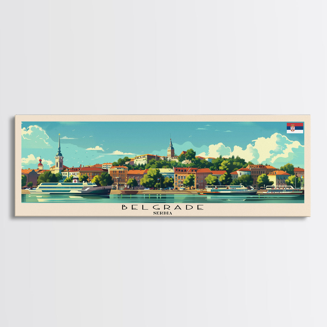 Belgrade Serbia Panoramic Travel Poster, Framed Canvas Print or Metal Wall Art, Travel Art, Home Decor, Panoramic Painting, Midcentury Art