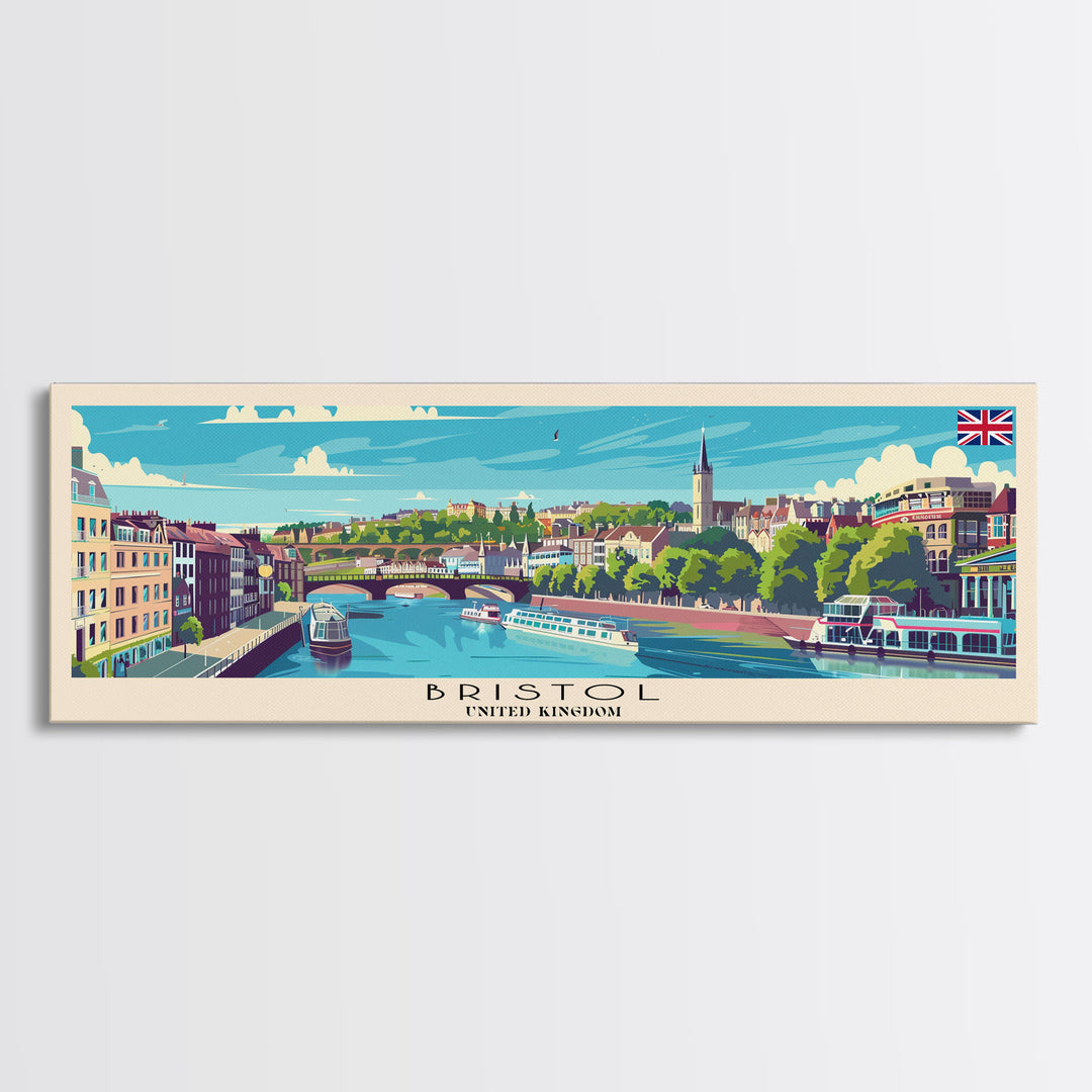 Bristol United Kingdom Panoramic Travel Poster, Framed Canvas Print or Metal Wall Art, Travel Art, Home Decor, Panoramic Painting, Midcentury Art