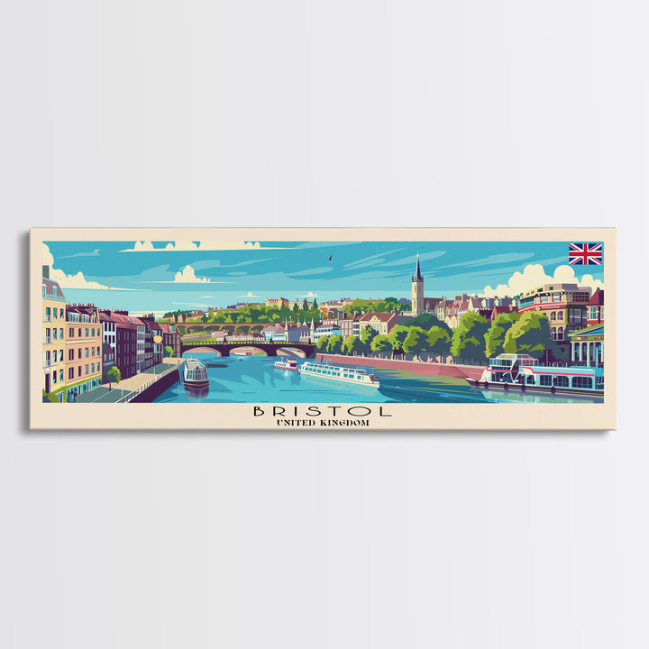 Bristol United Kingdom Panoramic Travel Poster, Framed Canvas Print or Metal Wall Art, Travel Art, Home Decor, Panoramic Painting, Midcentury Art