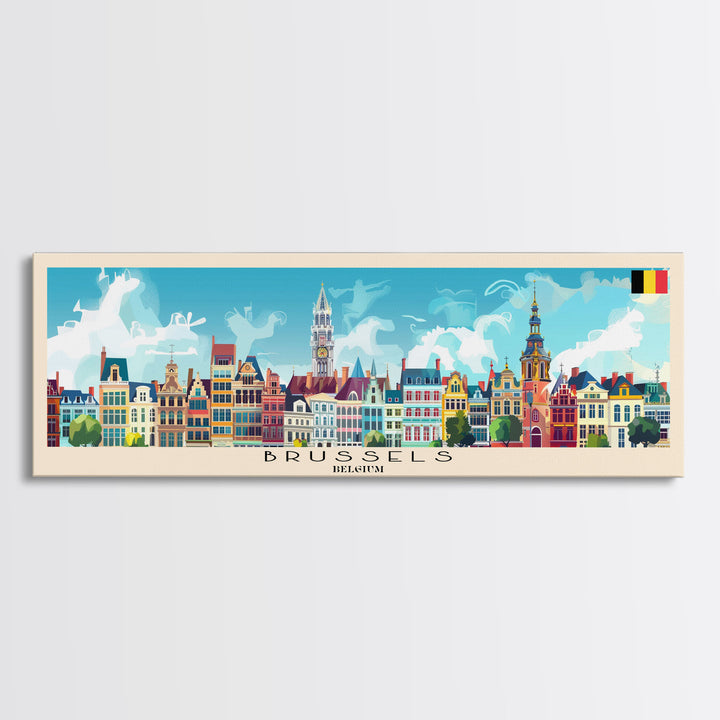 Brussels Belgium Panoramic Travel Poster, Framed Canvas Print or Metal Wall Art, Travel Art, Home Decor, Panoramic Painting, Midcentury Art