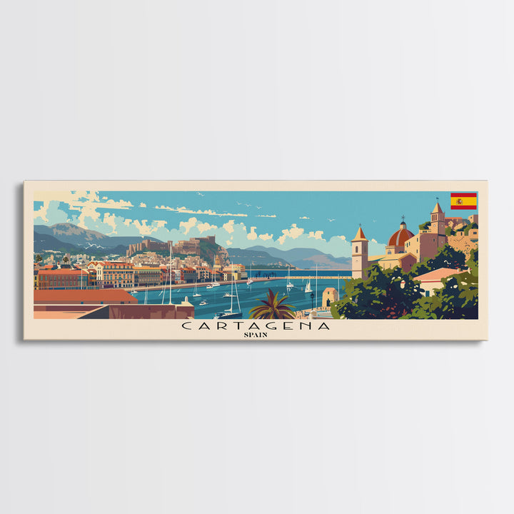 Cartagena Spain Panoramic Travel Poster, Framed Canvas Print or Metal Wall Art, Travel Art, Home Decor, Panoramic Painting, Midcentury Art