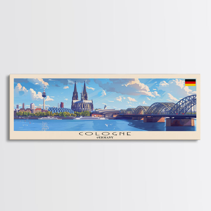 Cologne Germany Panoramic Travel Poster, Framed Canvas Print or Metal Wall Art, Travel Art, Home Decor, Panoramic Painting, Midcentury Art